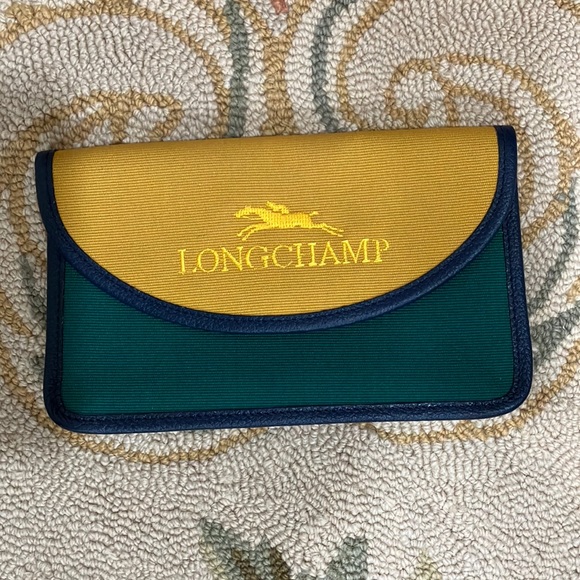 Longchamp Handbags - Longchamp green yellow coated canvas wallet with blue leather trim.